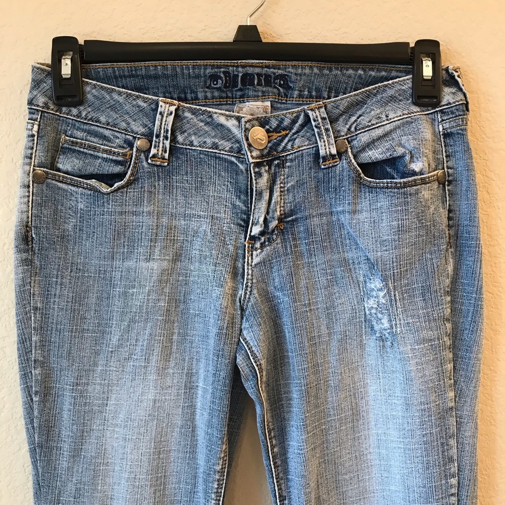 Decree Distressed Etched Acid Washed Skinny Jeans Size 7 Low Rise Denim Blue - Picture 2 of 7